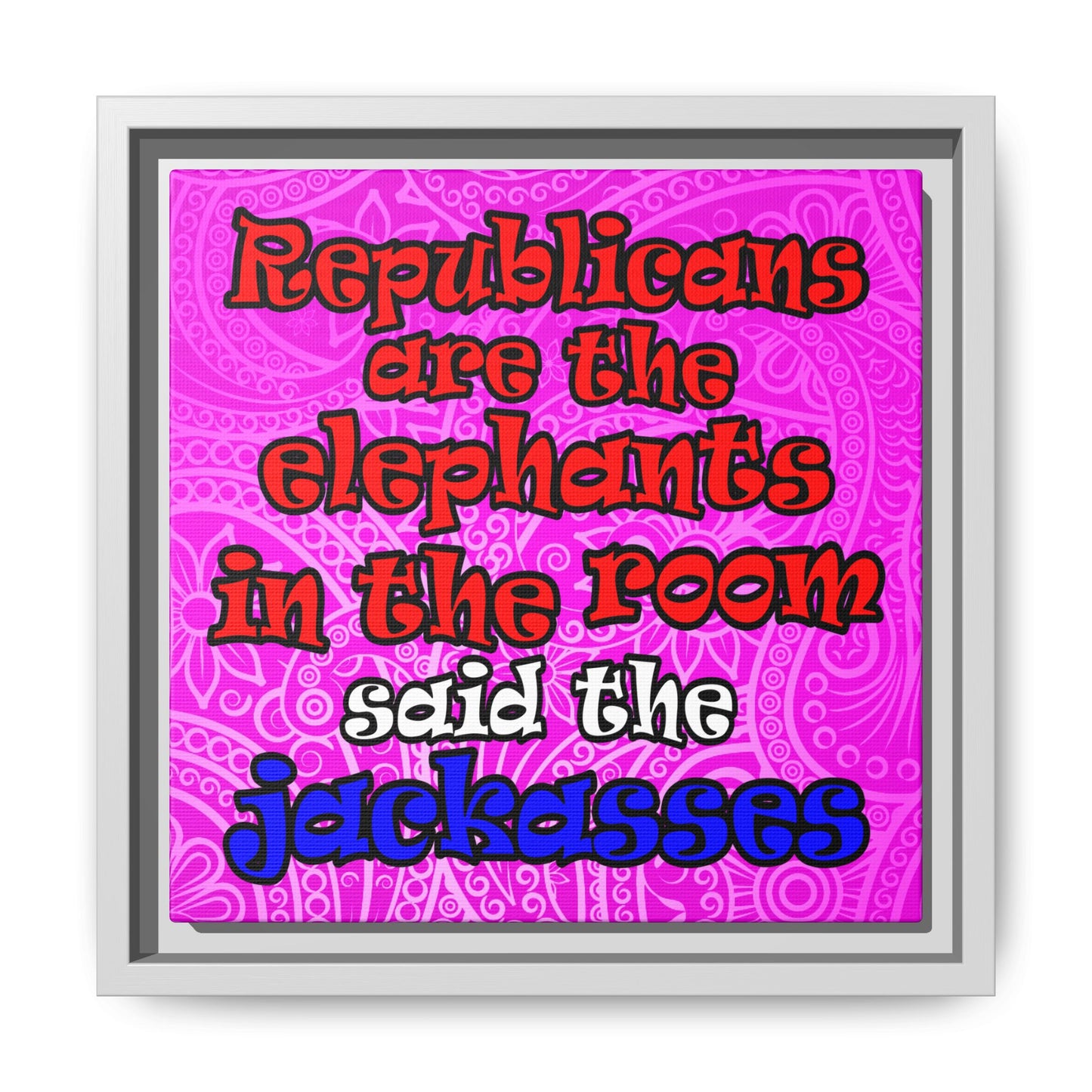 donkeys and elephants - framed canvas art (pink swirl)