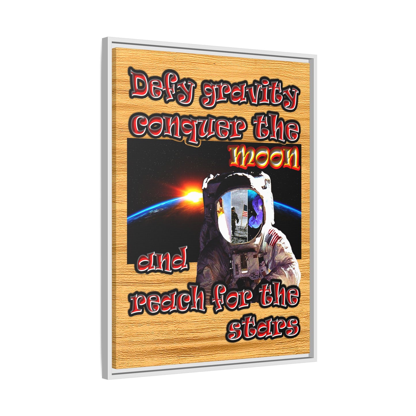 defy conquer reach - framed canvas art (butterscotch wood finish)