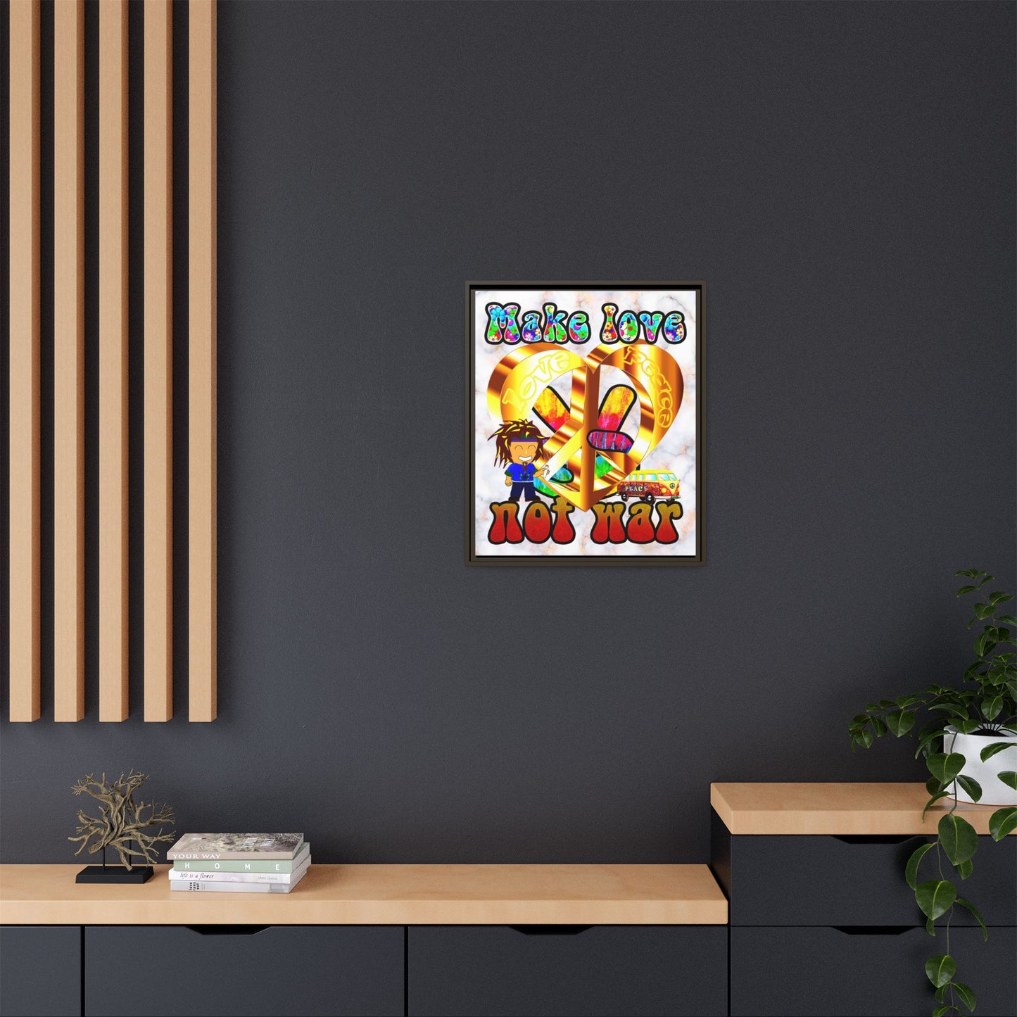 love peace - framed canvas art (white marble)