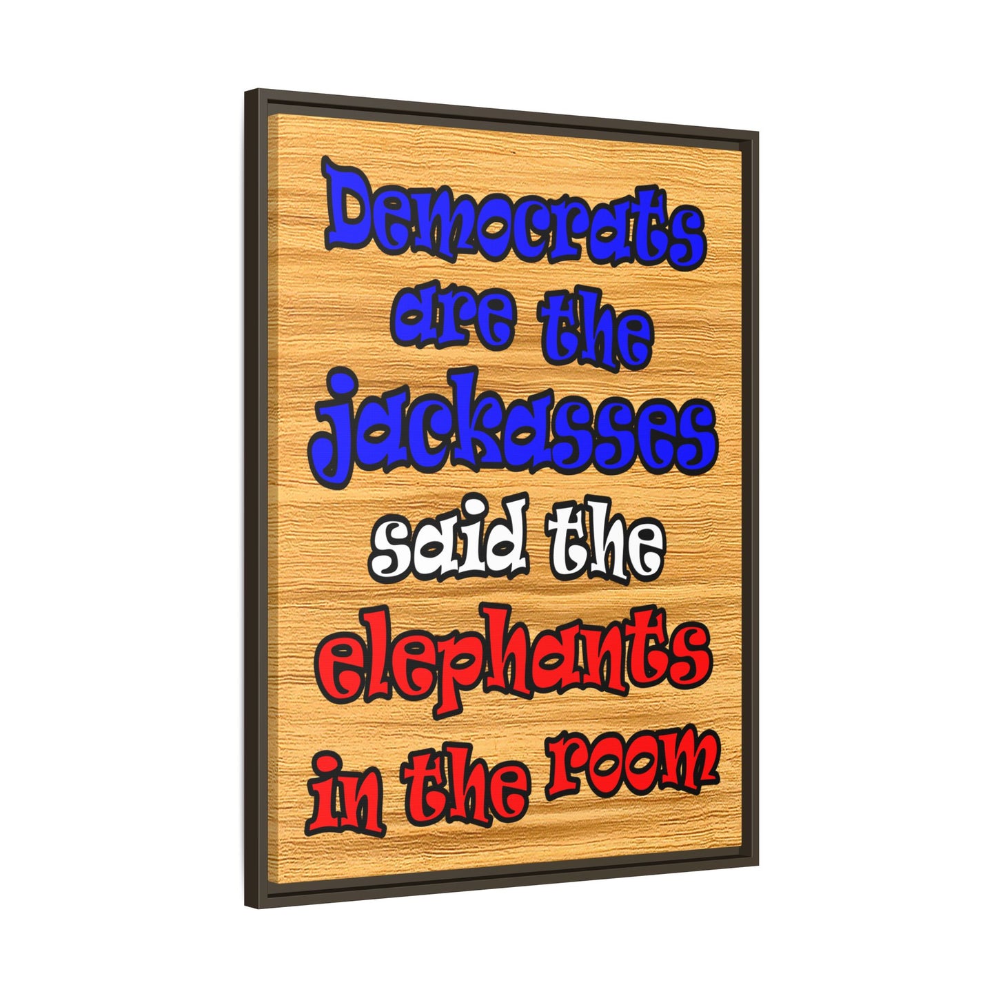 donkeys and elephants - framed canvas art (butterscotch wood finish)