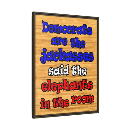 donkeys and elephants - framed canvas art (butterscotch wood finish)