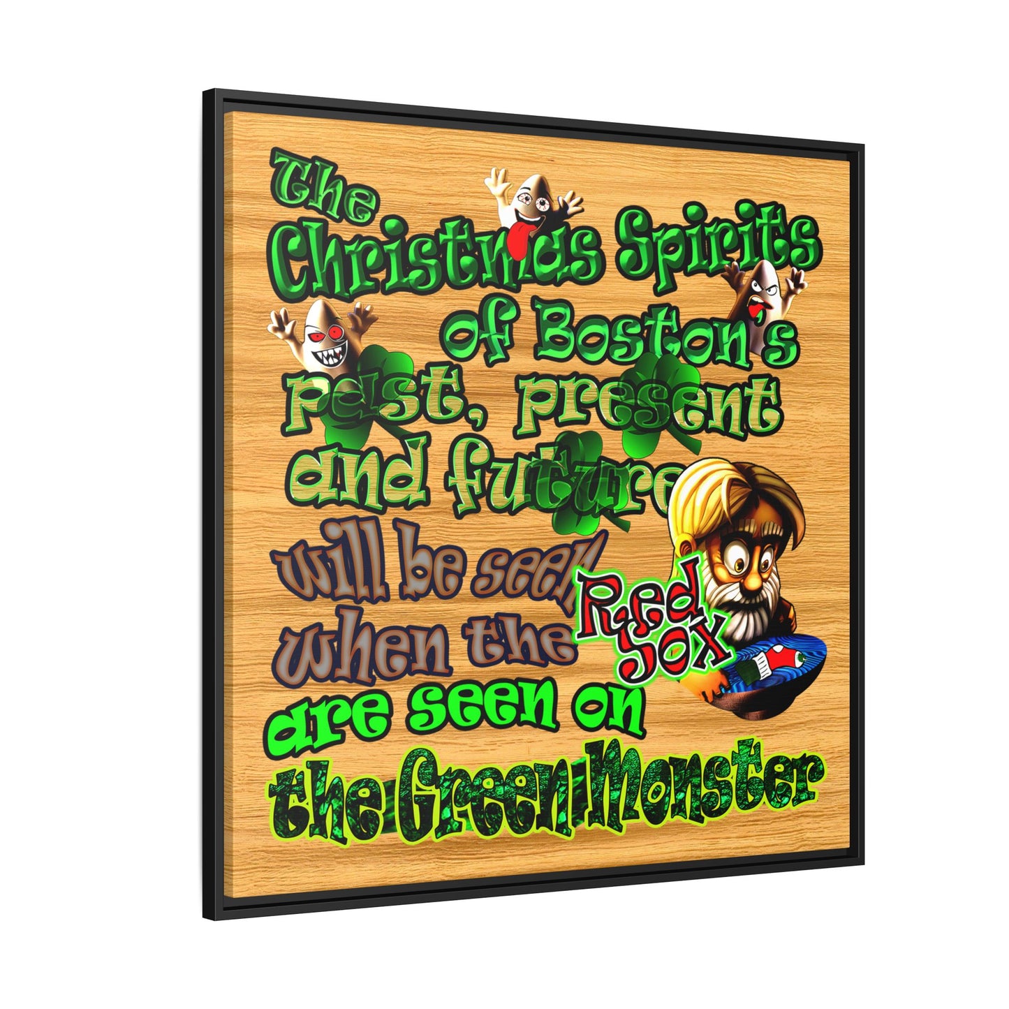 christmas spirits of boston - framed canvas art (butterscotch wood finish)