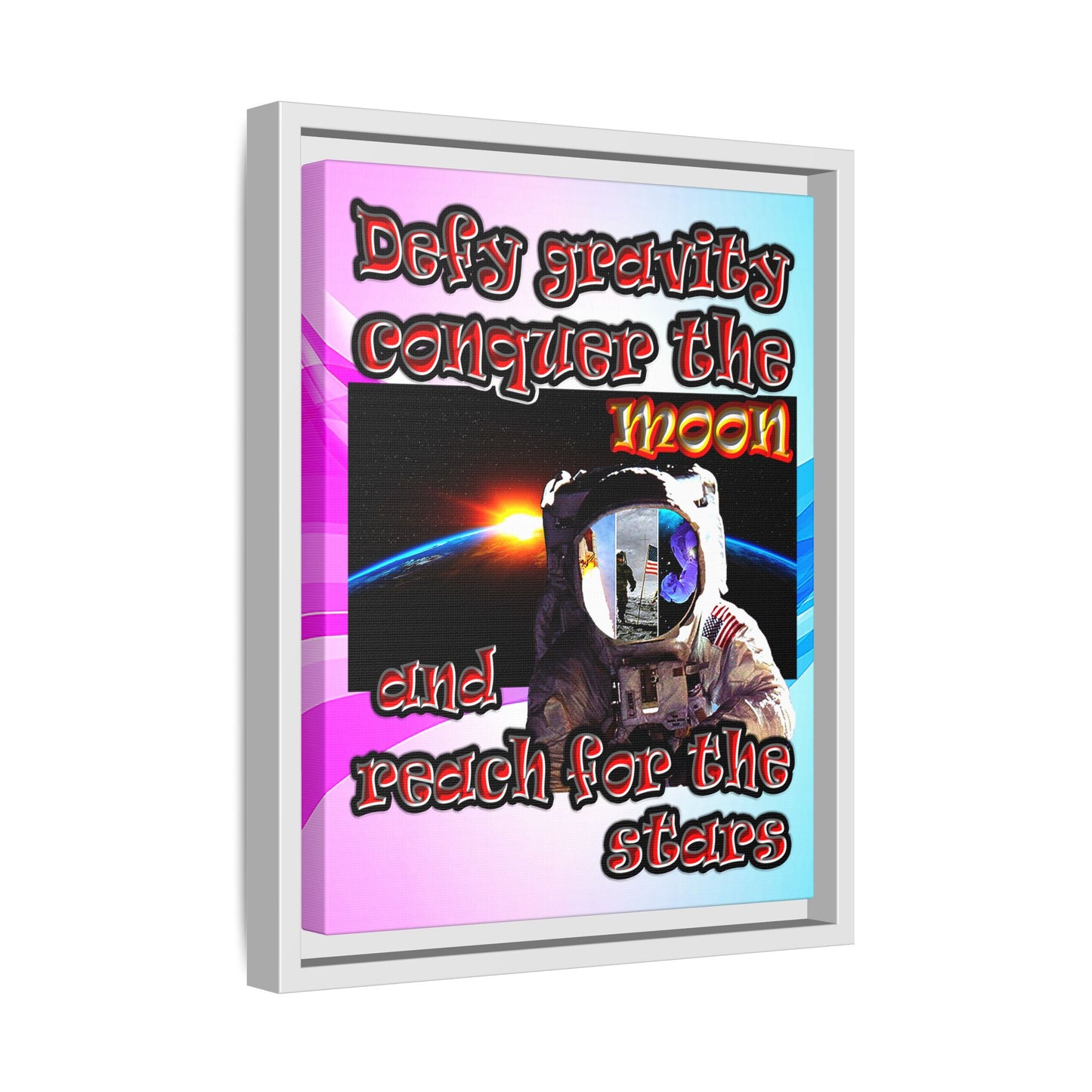 defy conquer reach - framed canvas art (light blue-pink wave)