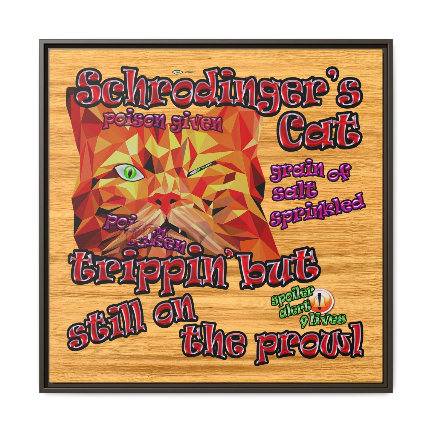 schrodinger's cat - framed canvas art (butterscotch wood finish)