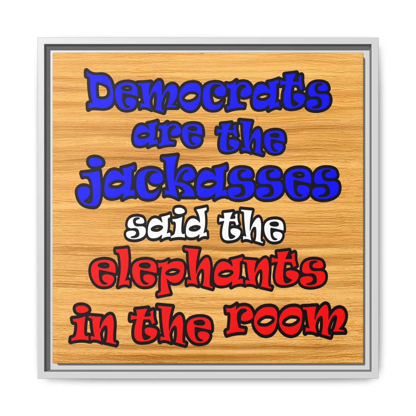 donkeys and elephants - framed canvas art (butterscotch wood finish)