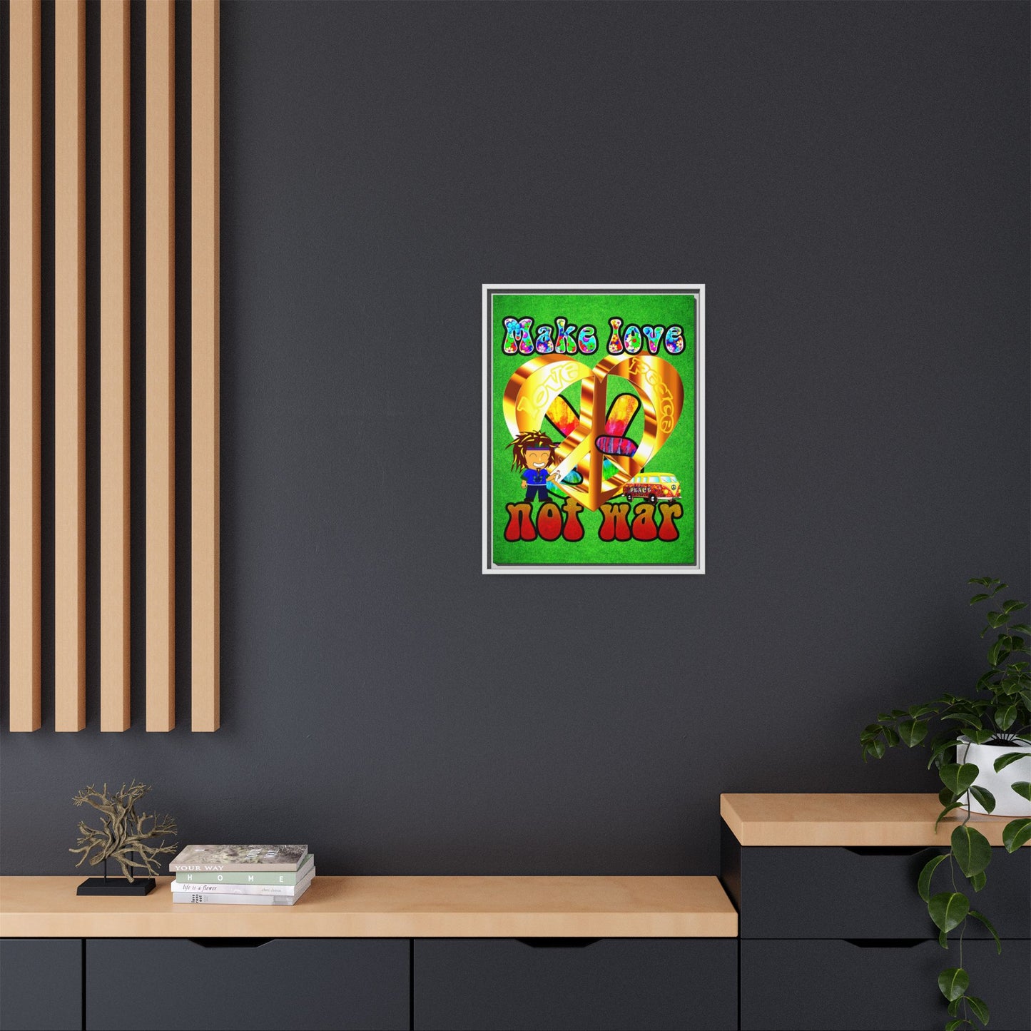 love peace - framed canvas art (green turf)
