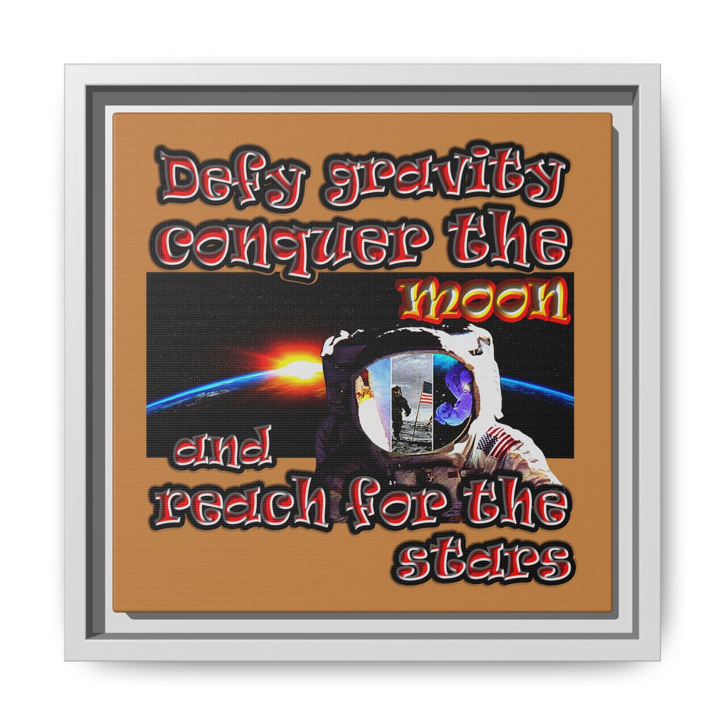 defy conquer reach - framed canvas art (light brown)