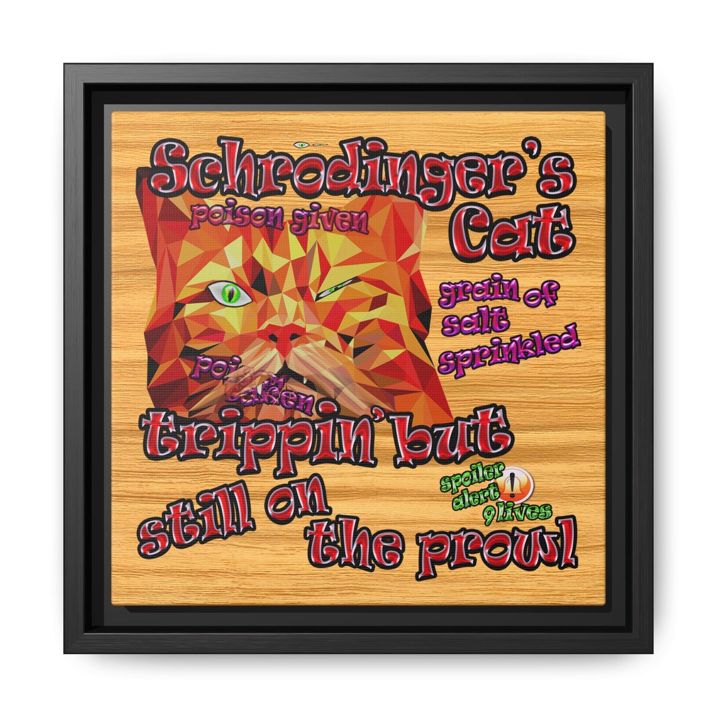 schrodinger's cat - framed canvas art (butterscotch wood finish)