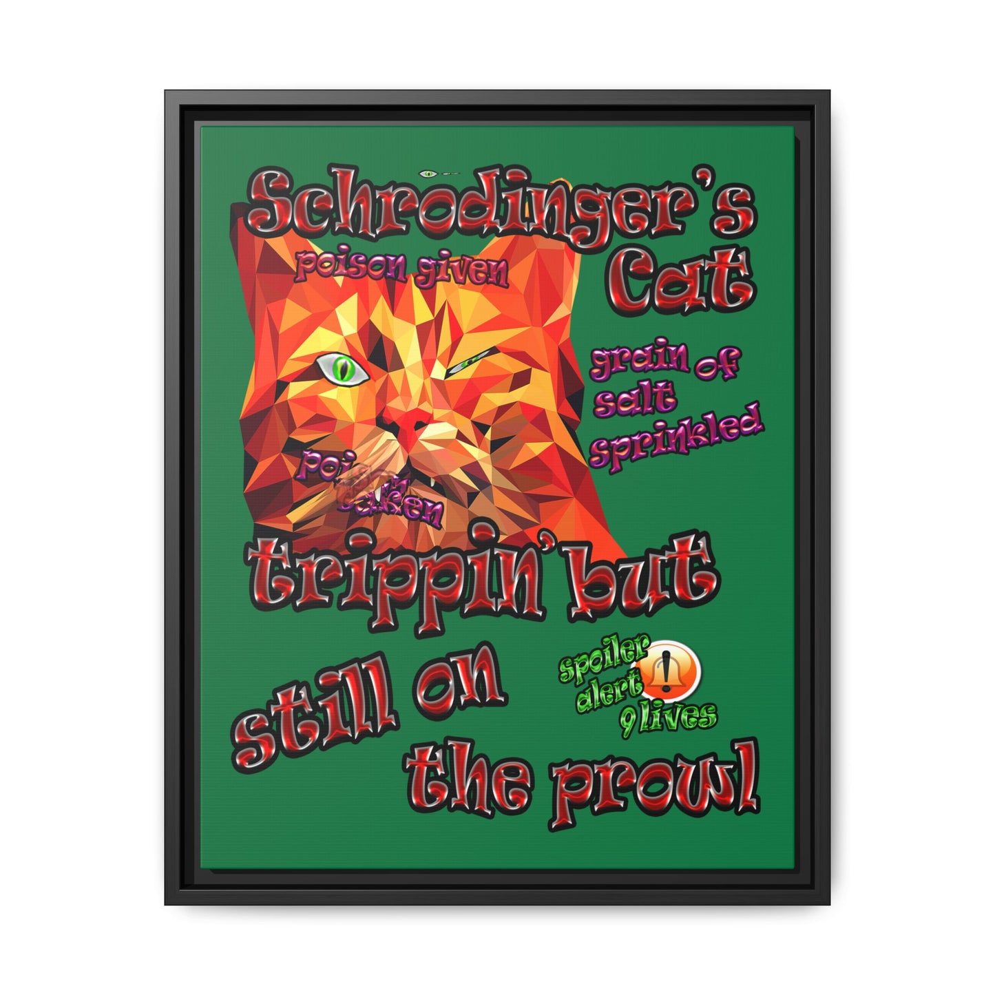 schrodinger's cat - framed canvas art (dark green)