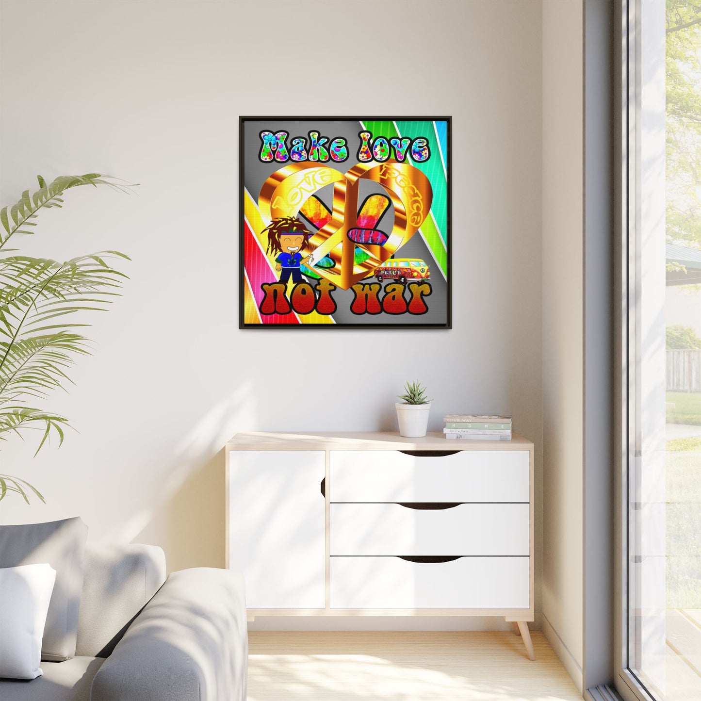 love peace - framed canvas art (rainbow split)