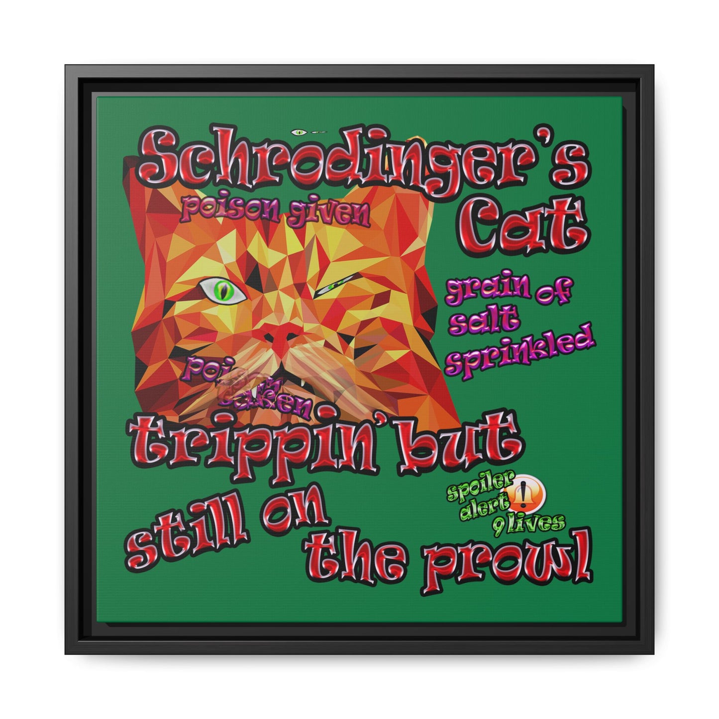 schrodinger's cat - framed canvas art (dark green)