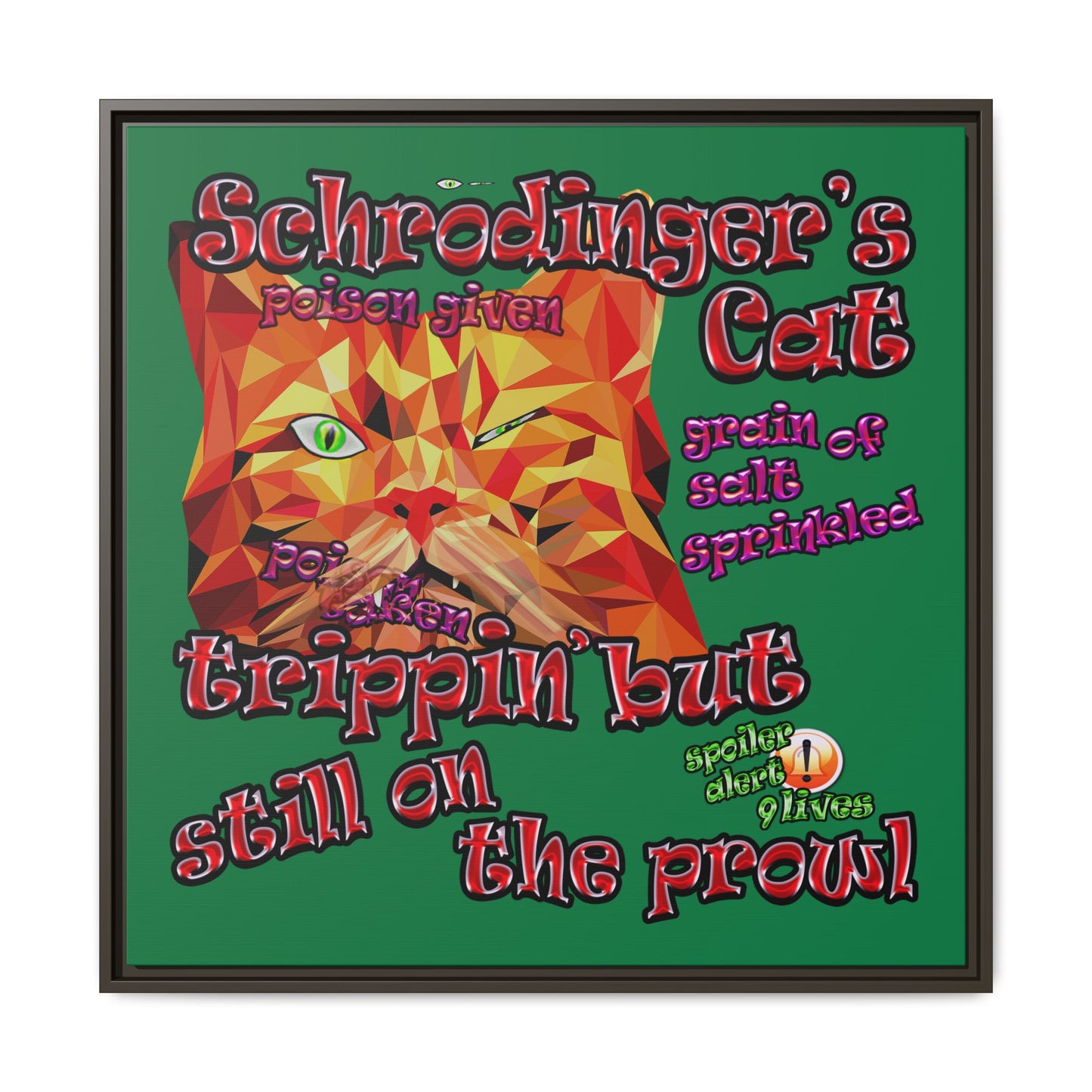 schrodinger's cat - framed canvas art (dark green)
