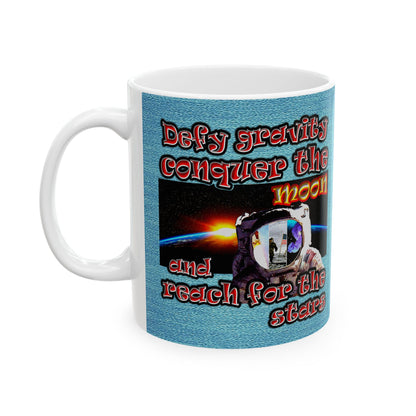 defy conquer reach - White Mug (faded blue)