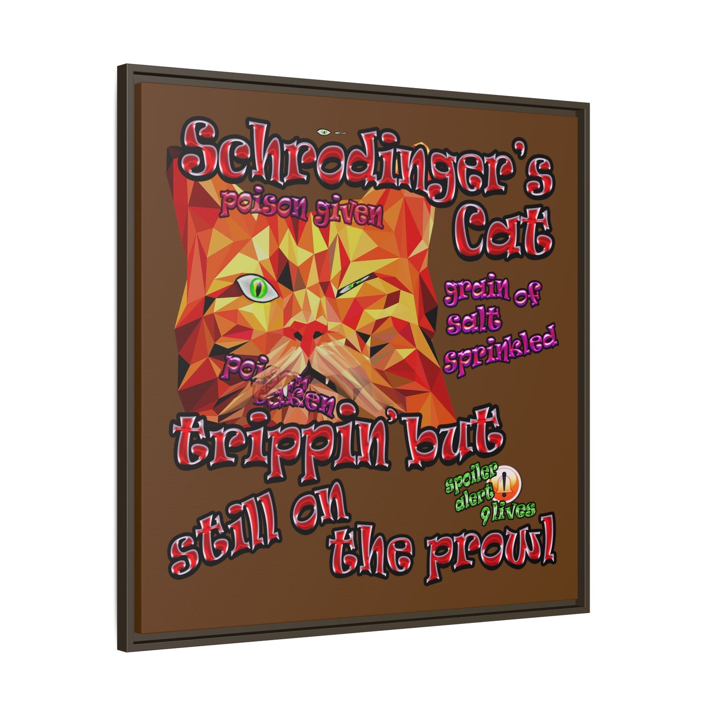 schrodinger's cat - framed canvas art (brown)