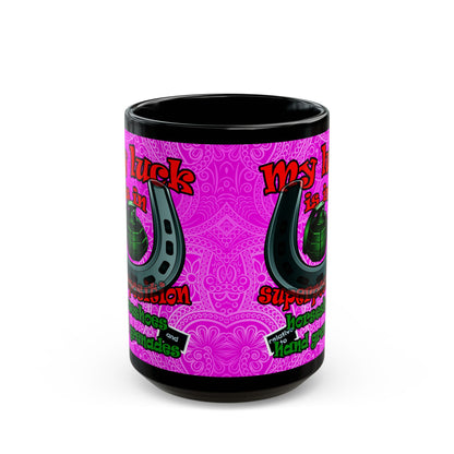 my luck - Black Mug (pink swirl)