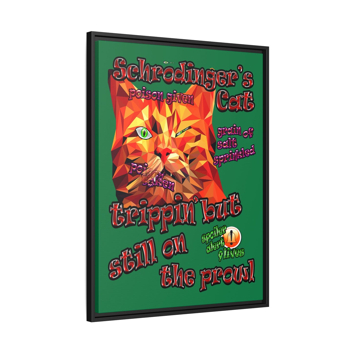 schrodinger's cat - framed canvas art (dark green)