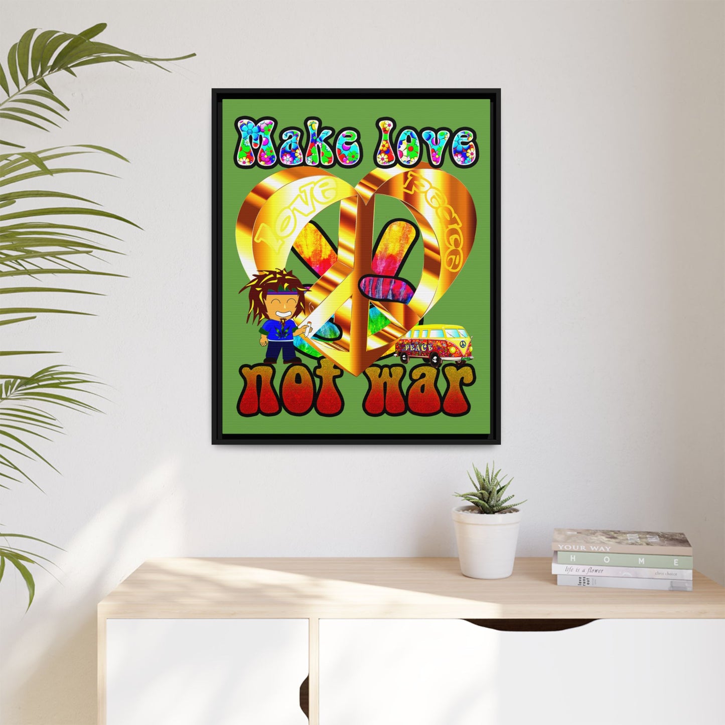 love peace - framed canvas art (green)
