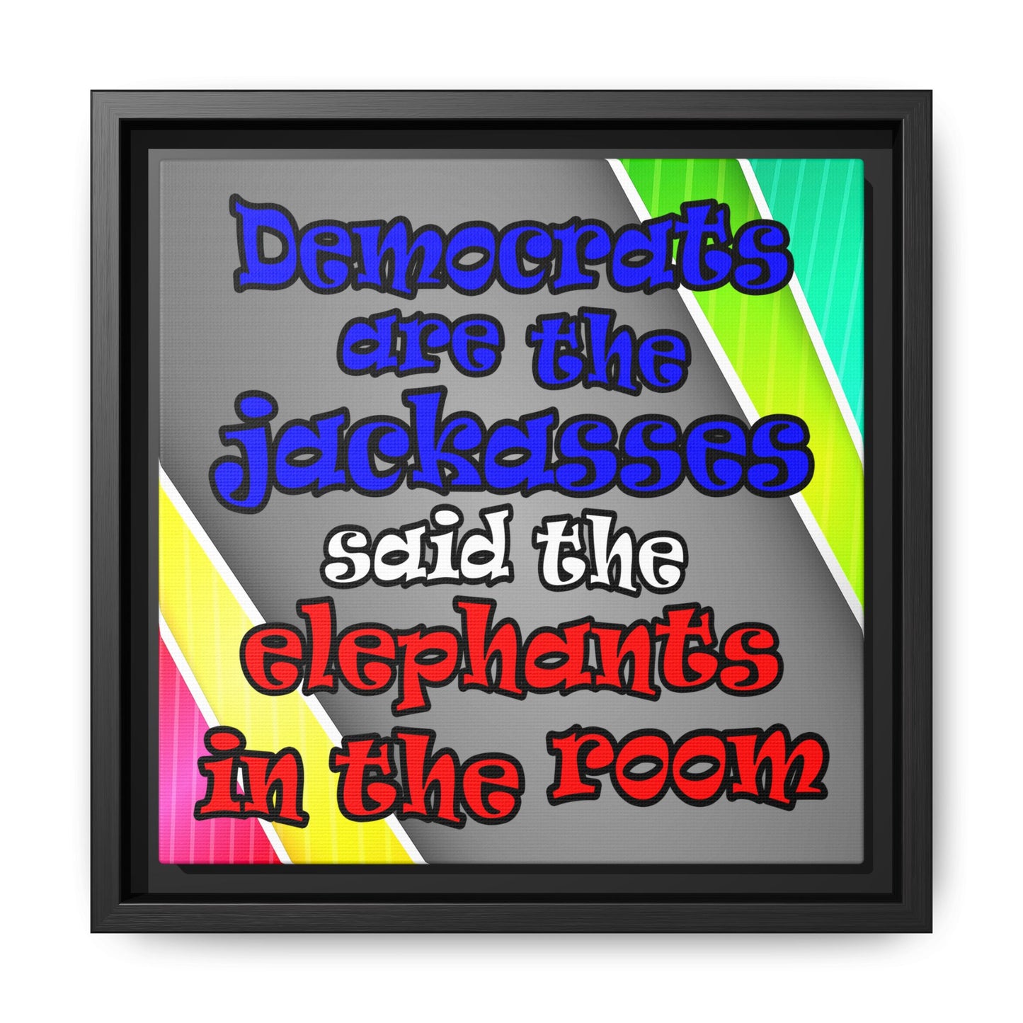 donkeys and elephants - framed canvas art (rainbow split)