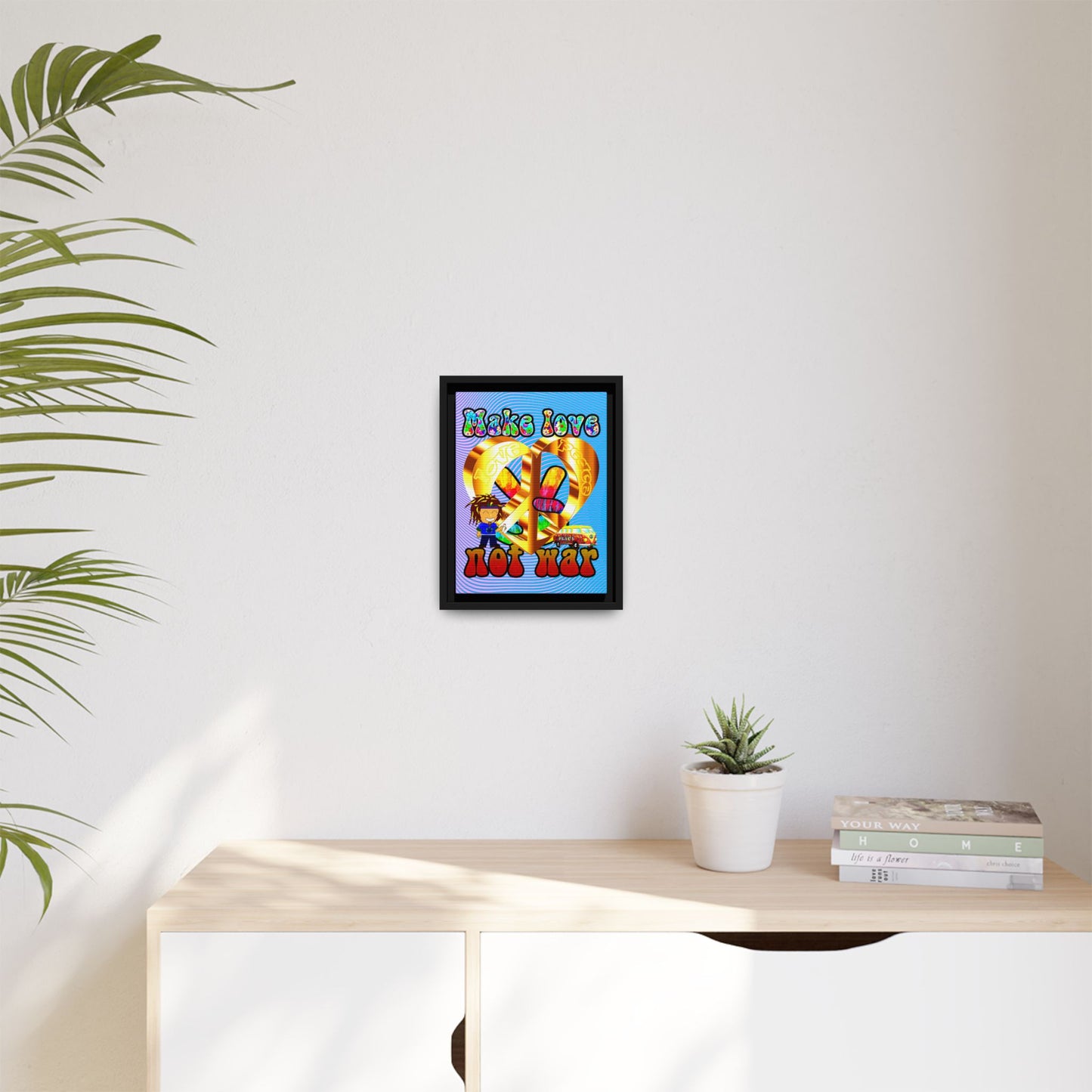 love peace - framed canvas art (light blue-purple wave)