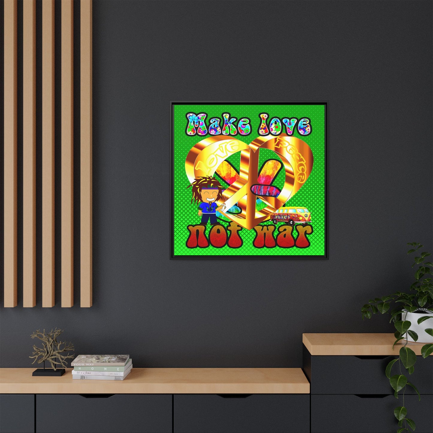 love peace - framed canvas art (logo green)