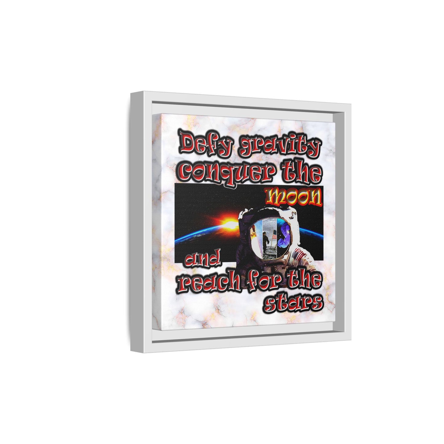 defy conquer reach - framed canvas art (white marble)