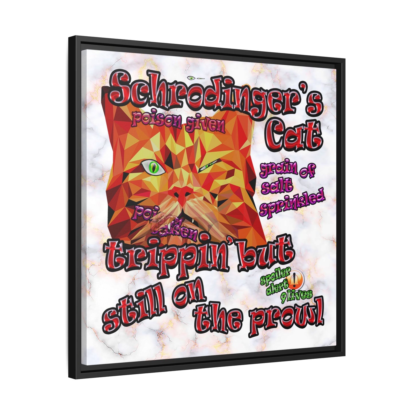 schrodinger's cat - framed canvas art (white marble)