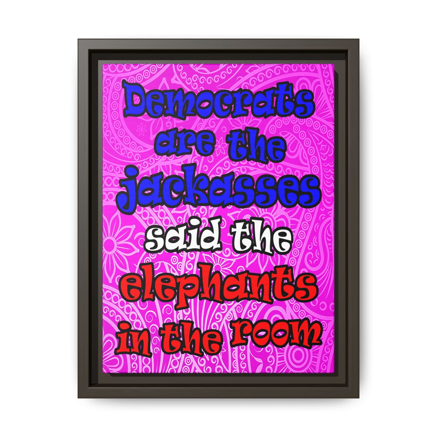 donkeys and elephants - framed canvas art (pink swirl)