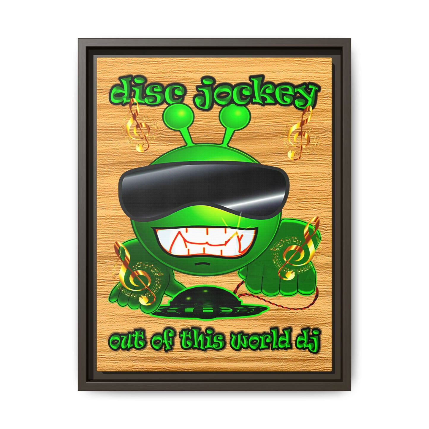 disc jockey - framed canvas art (butterscotch wood finish)