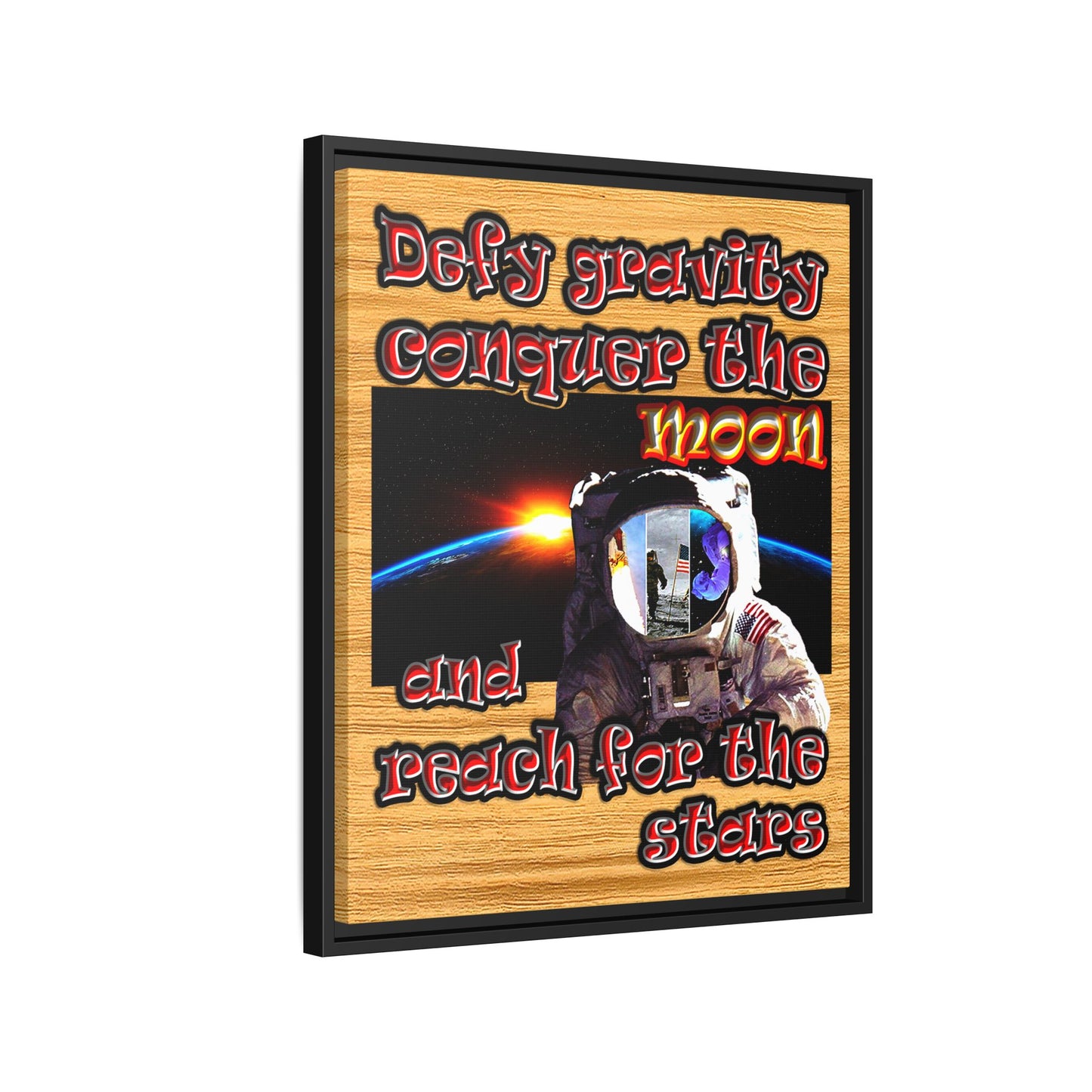 defy conquer reach - framed canvas art (butterscotch wood finish)