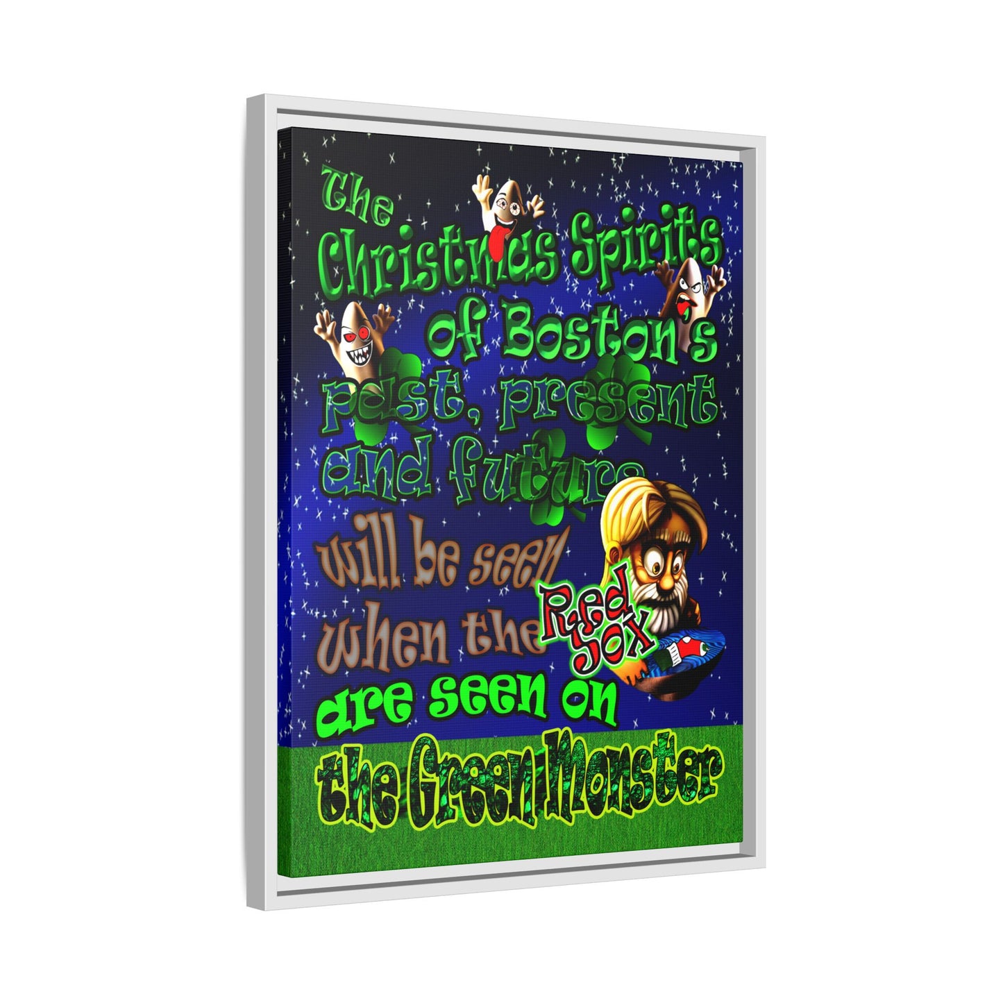 christmas spirits of boston - framed canvas art ('snoops' background)