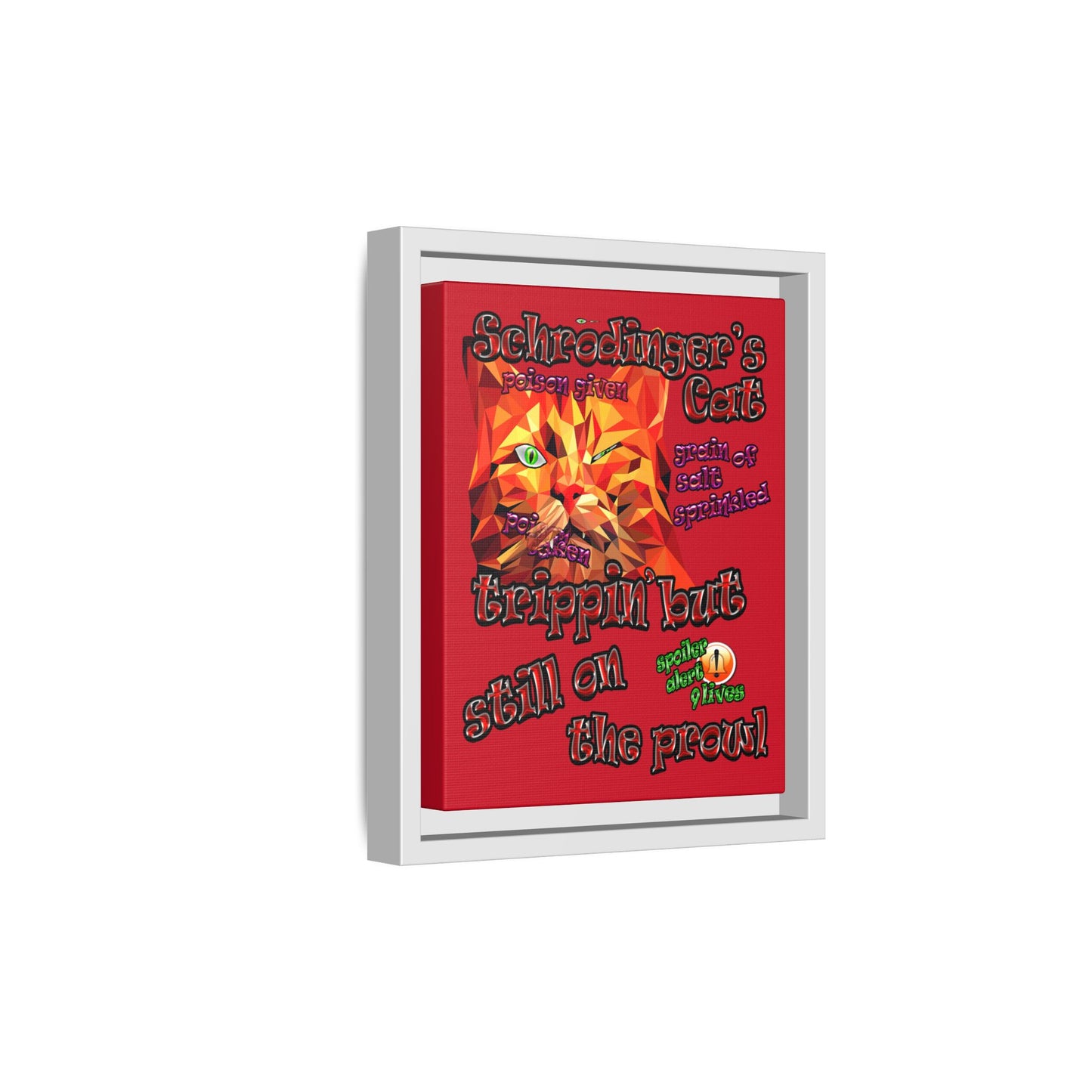 schrodinger's cat - framed canvas art (dark red)