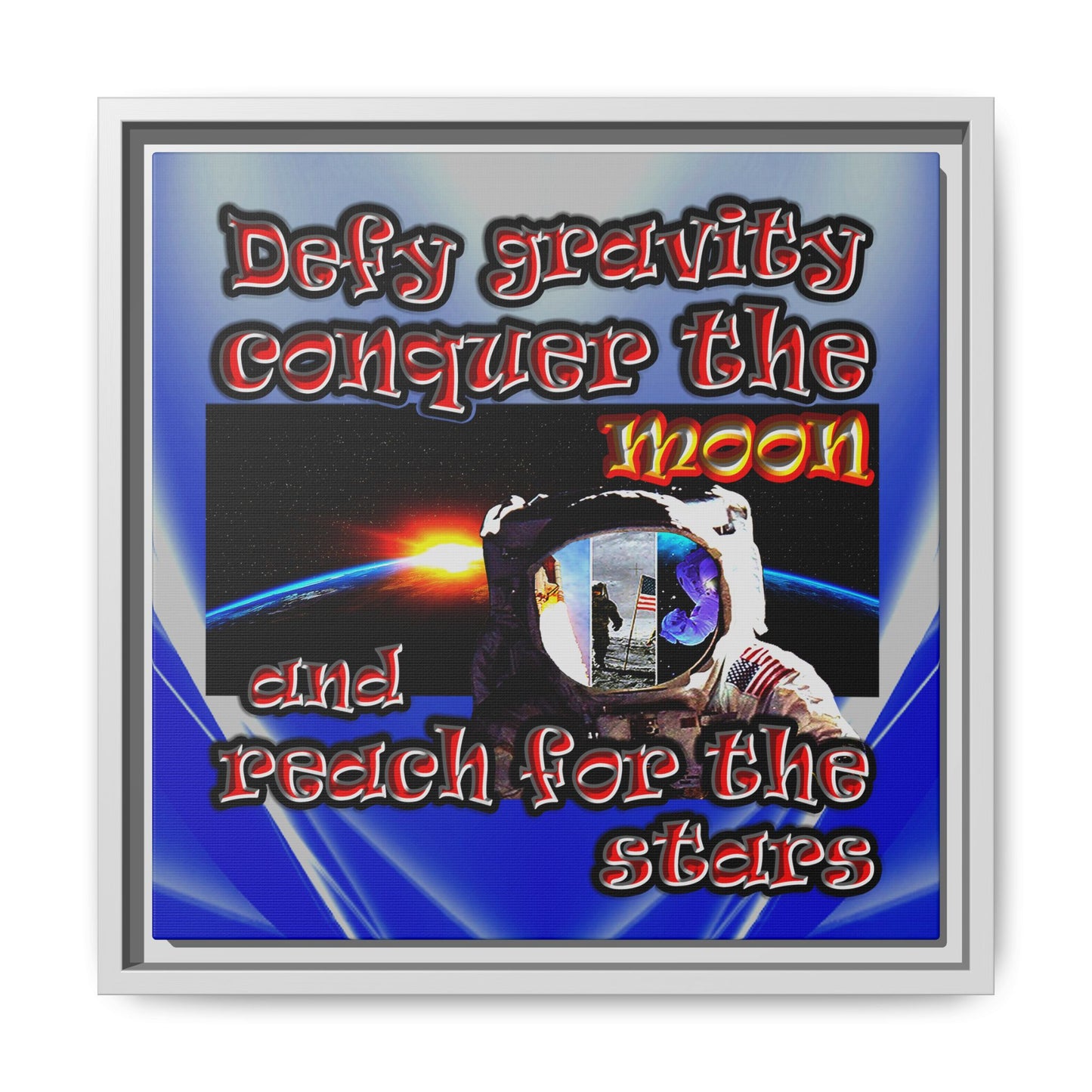 defy conquer reach - framed canvas art (blue-white wave)