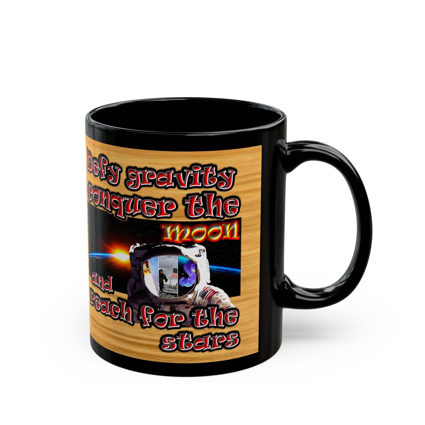 defy conquer reach - Black Mug (butterscotch wood finish)