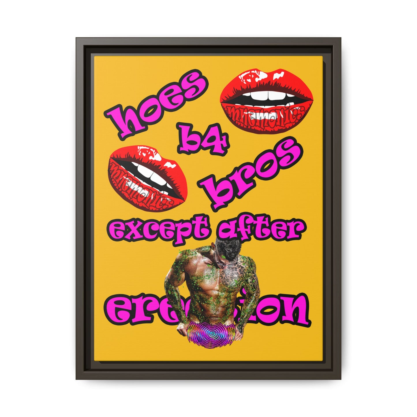 hoes b4 bros - framed canvas art (yellow)