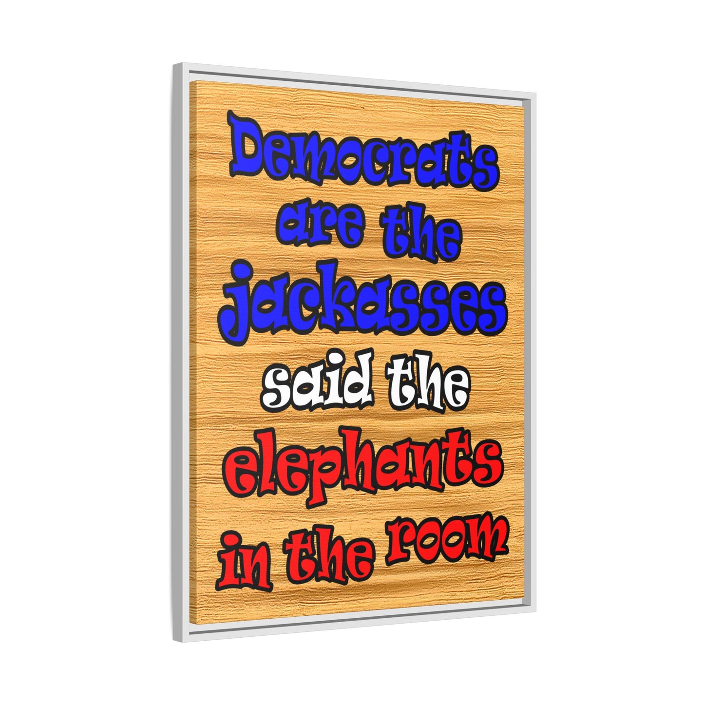 donkeys and elephants - framed canvas art (butterscotch wood finish)
