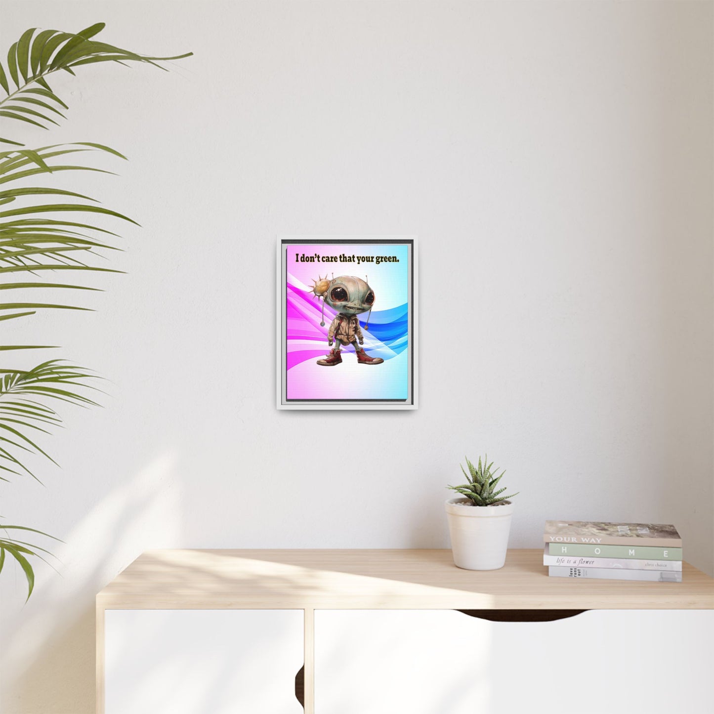 I don't care that your green - framed canvas art (light blue-pink wave)