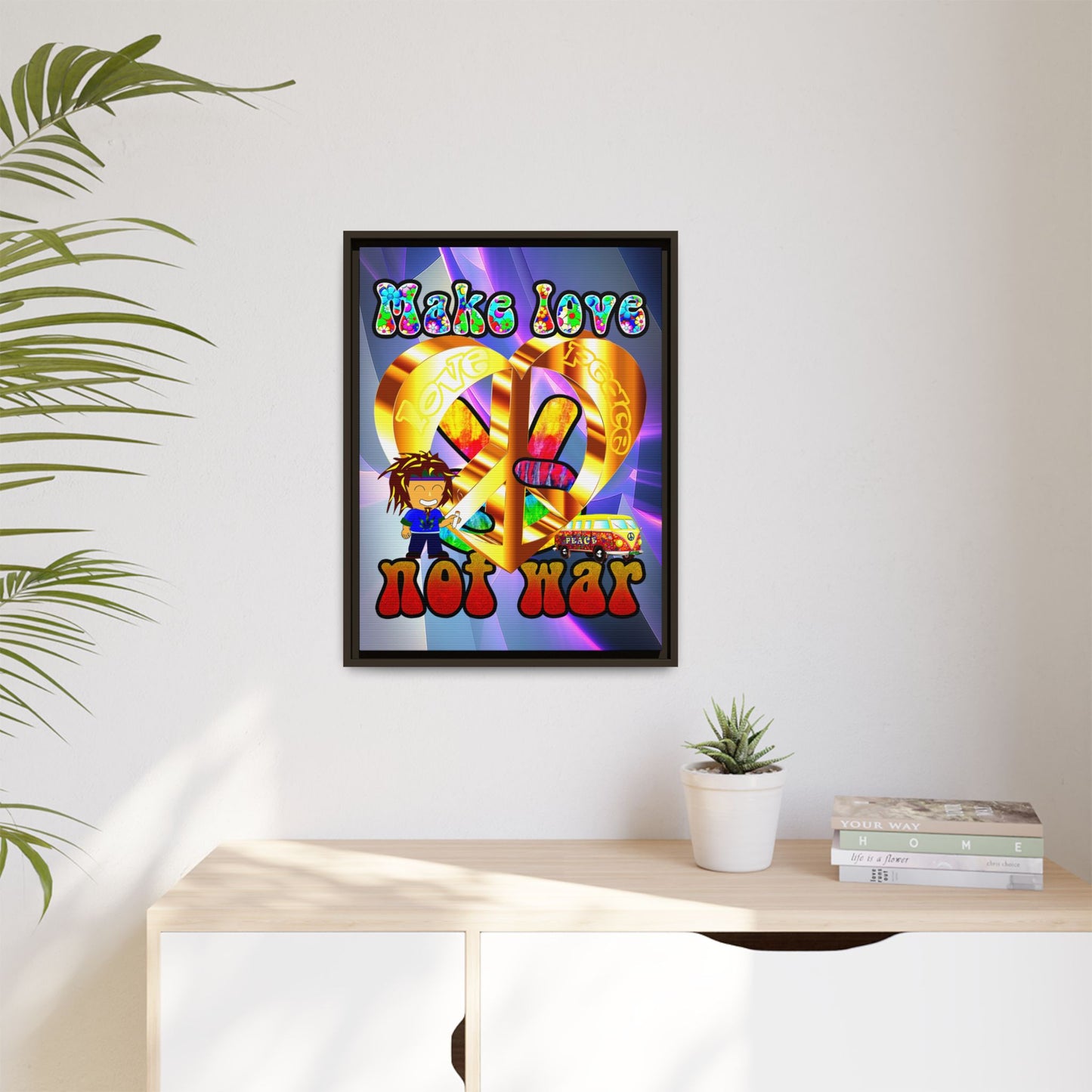 love peace - framed canvas art (grey-pink wave)