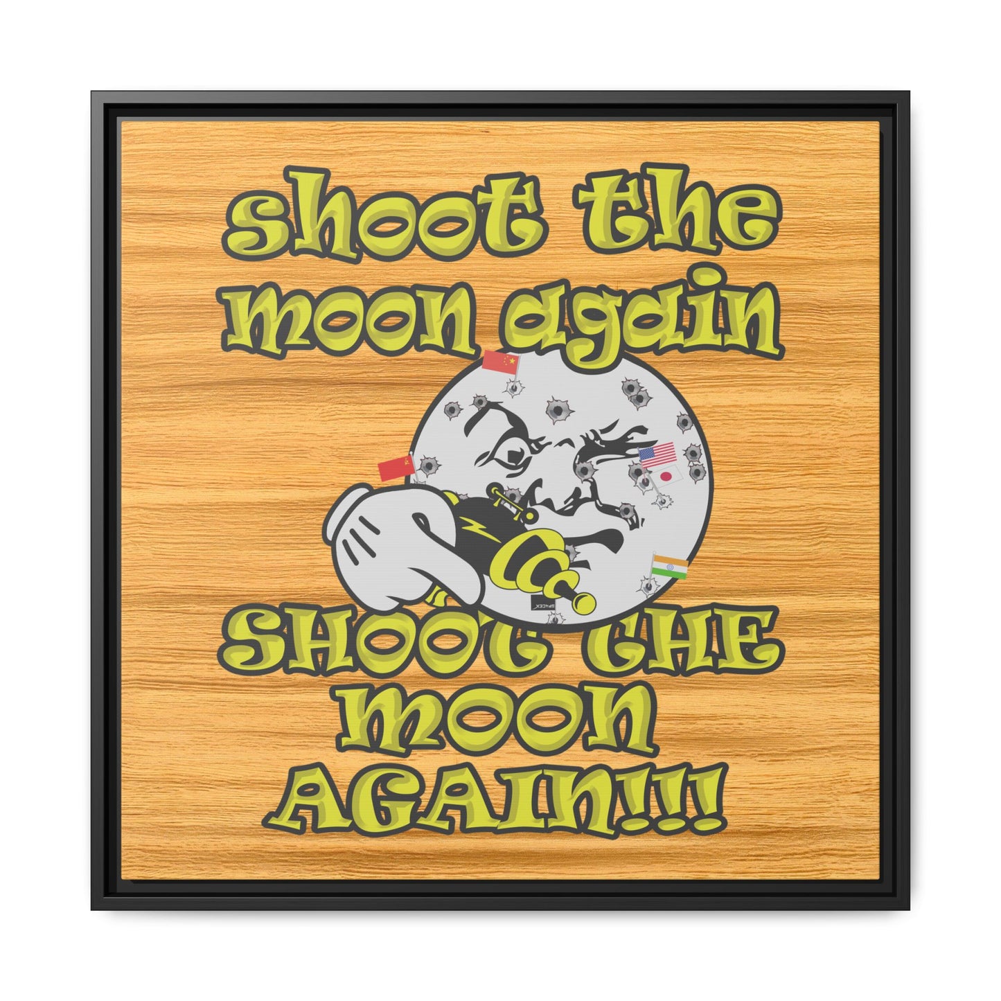 shoot the moon again - framed canvas art (butterscotch wood finish)