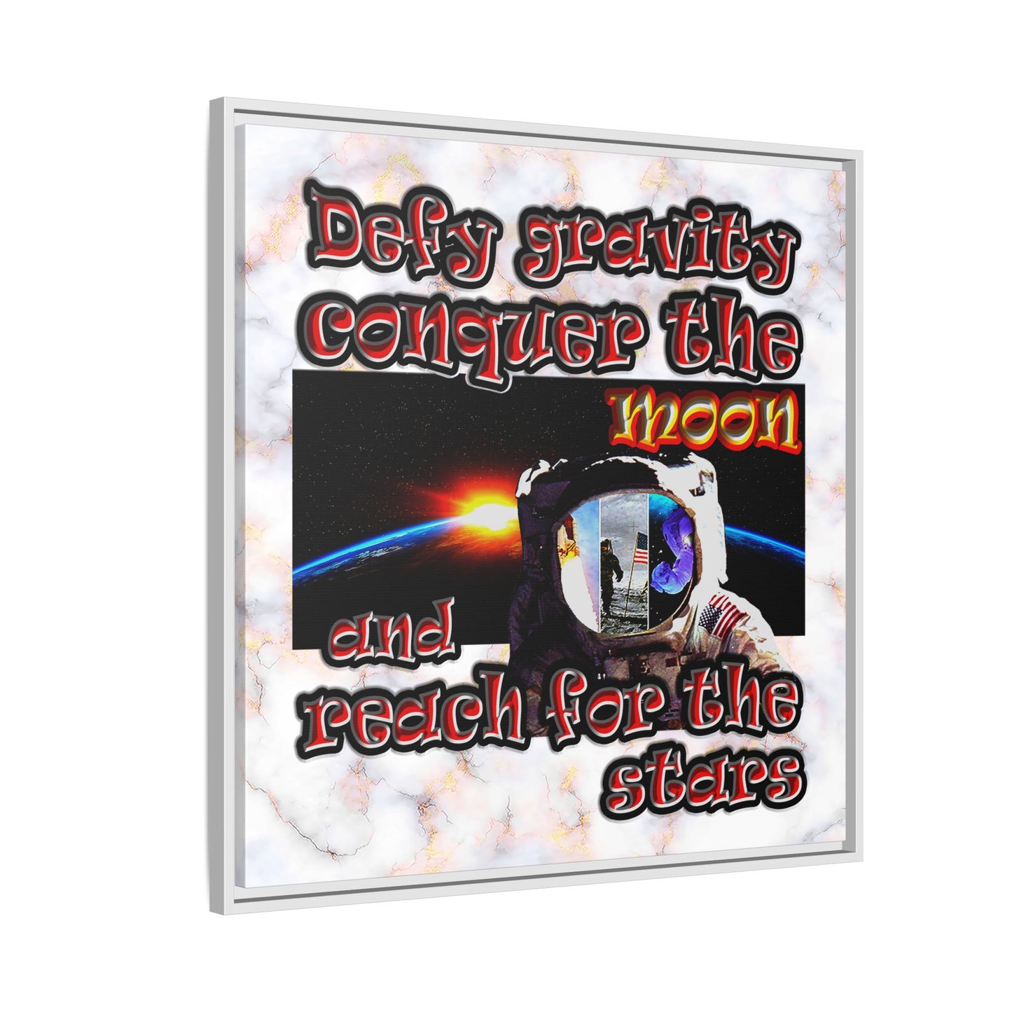 defy conquer reach - framed canvas art (white marble)