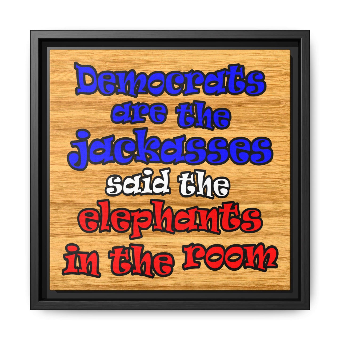 donkeys and elephants - framed canvas art (butterscotch wood finish)