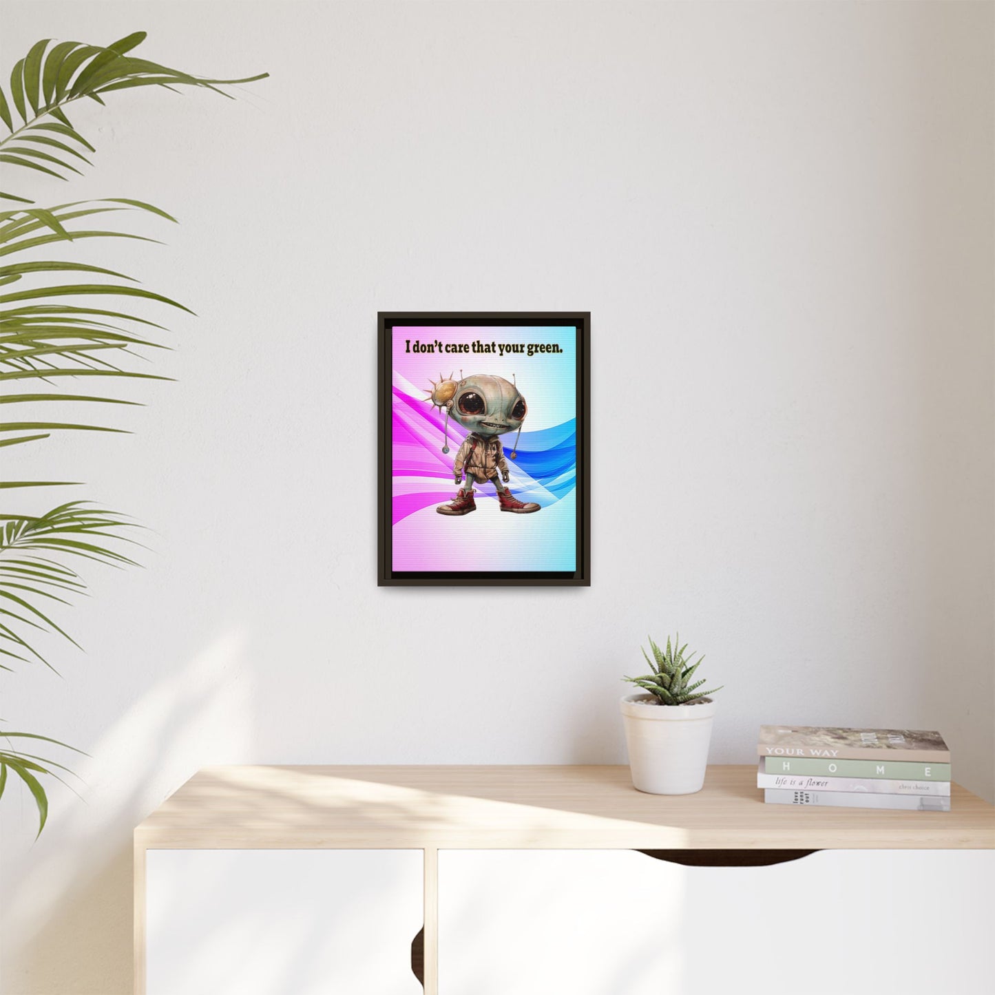 I don't care that your green - framed canvas art (light blue-pink wave)