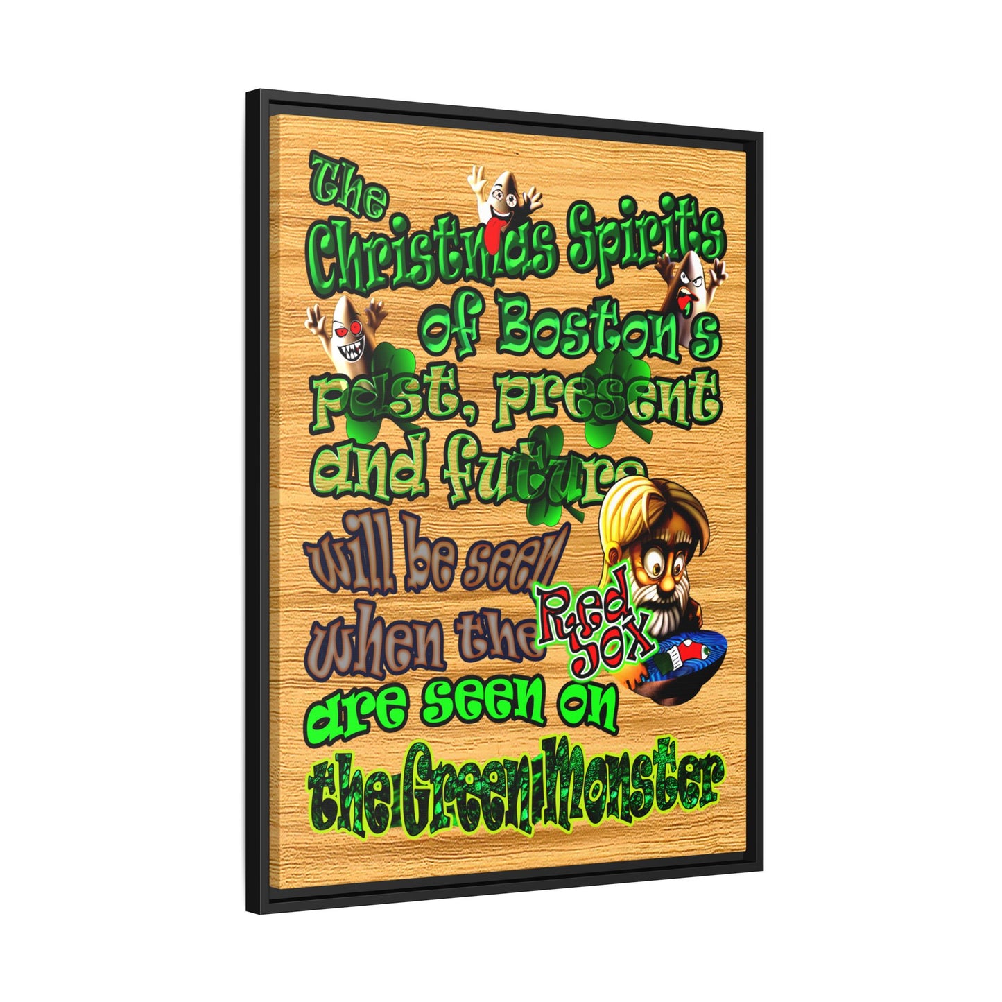 christmas spirits of boston - framed canvas art (butterscotch wood finish)
