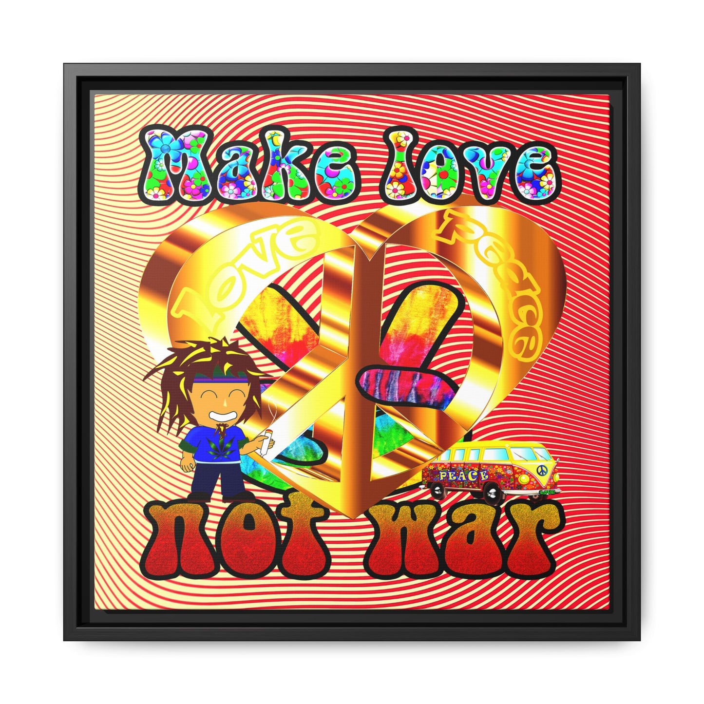love peace - framed canvas art (yellow-orange wave)