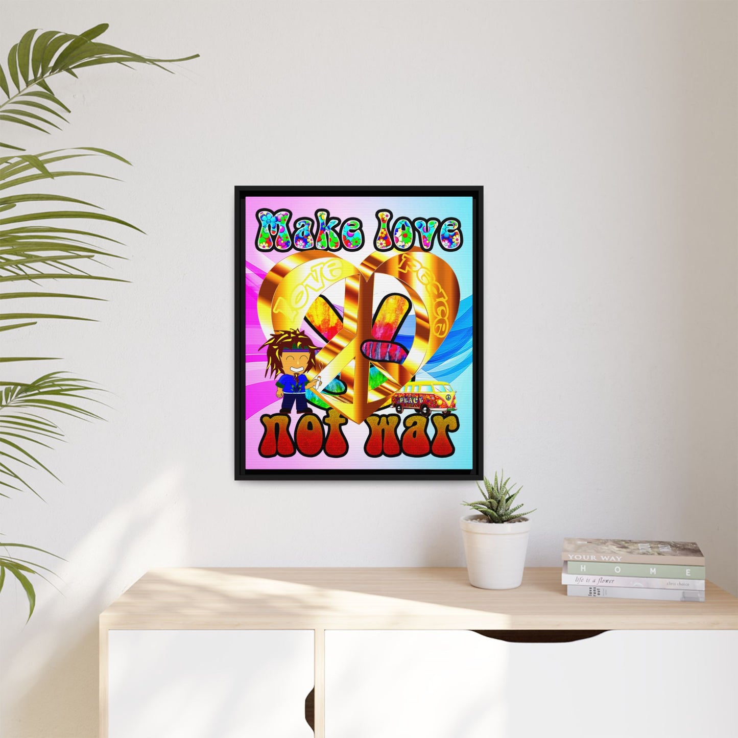 love peace - framed canvas art (light blue-pink wave)