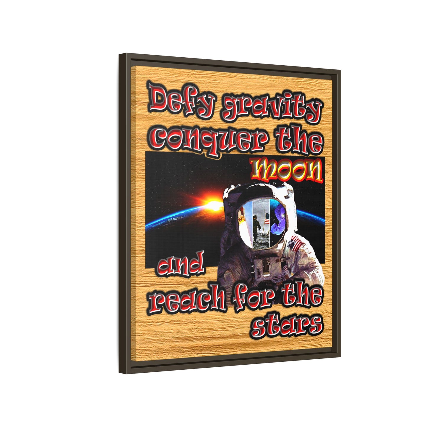 defy conquer reach - framed canvas art (butterscotch wood finish)