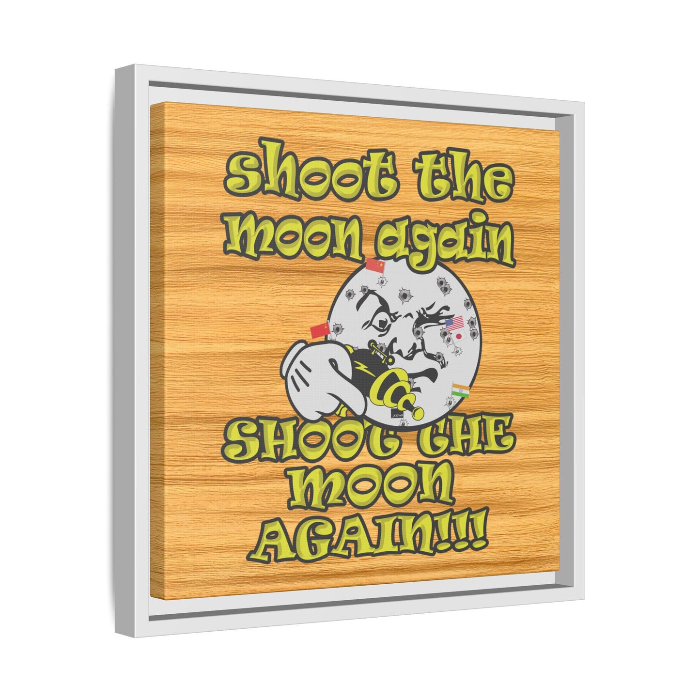 shoot the moon again - framed canvas art (butterscotch wood finish)
