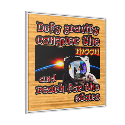 defy conquer reach - framed canvas art (butterscotch wood finish)
