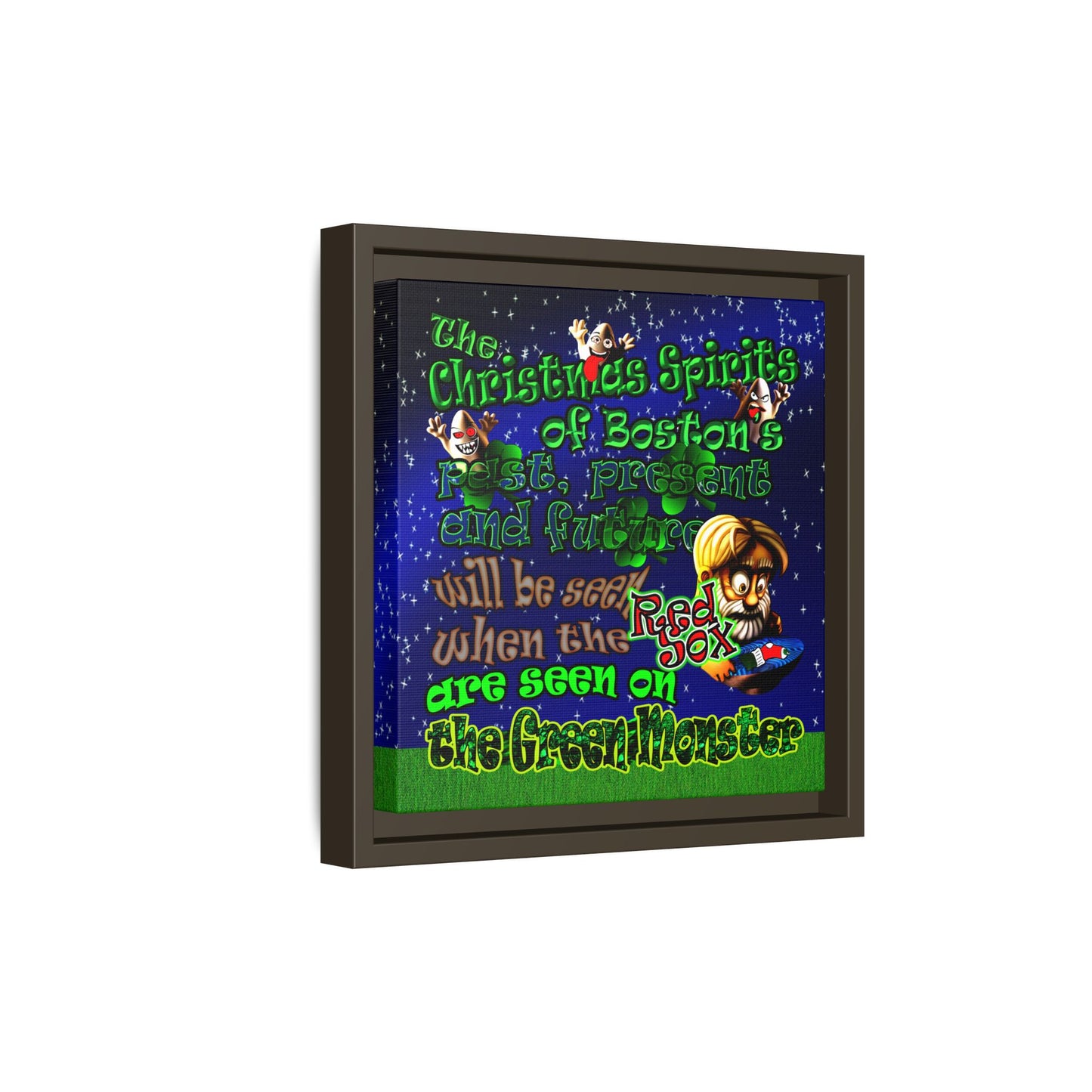christmas spirits of boston - framed canvas art ('snoops' background)