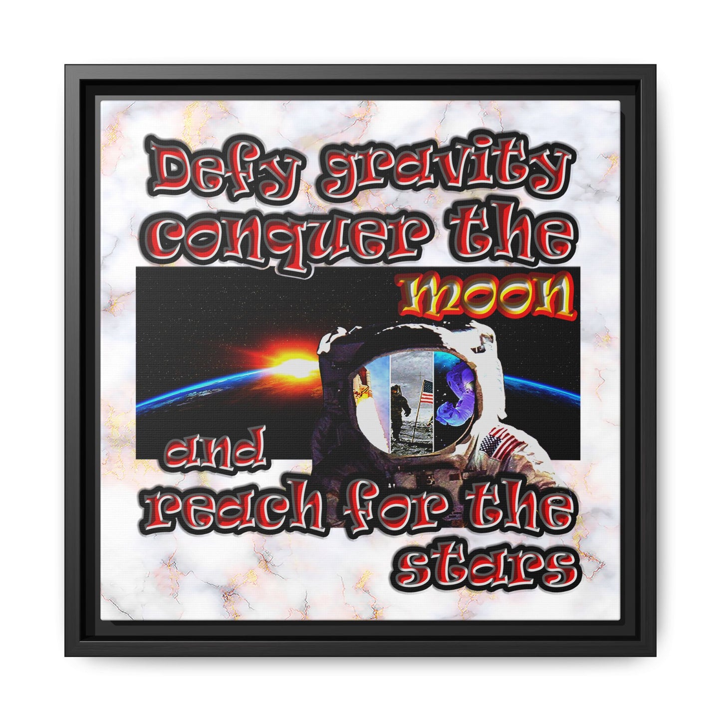 defy conquer reach - framed canvas art (white marble)