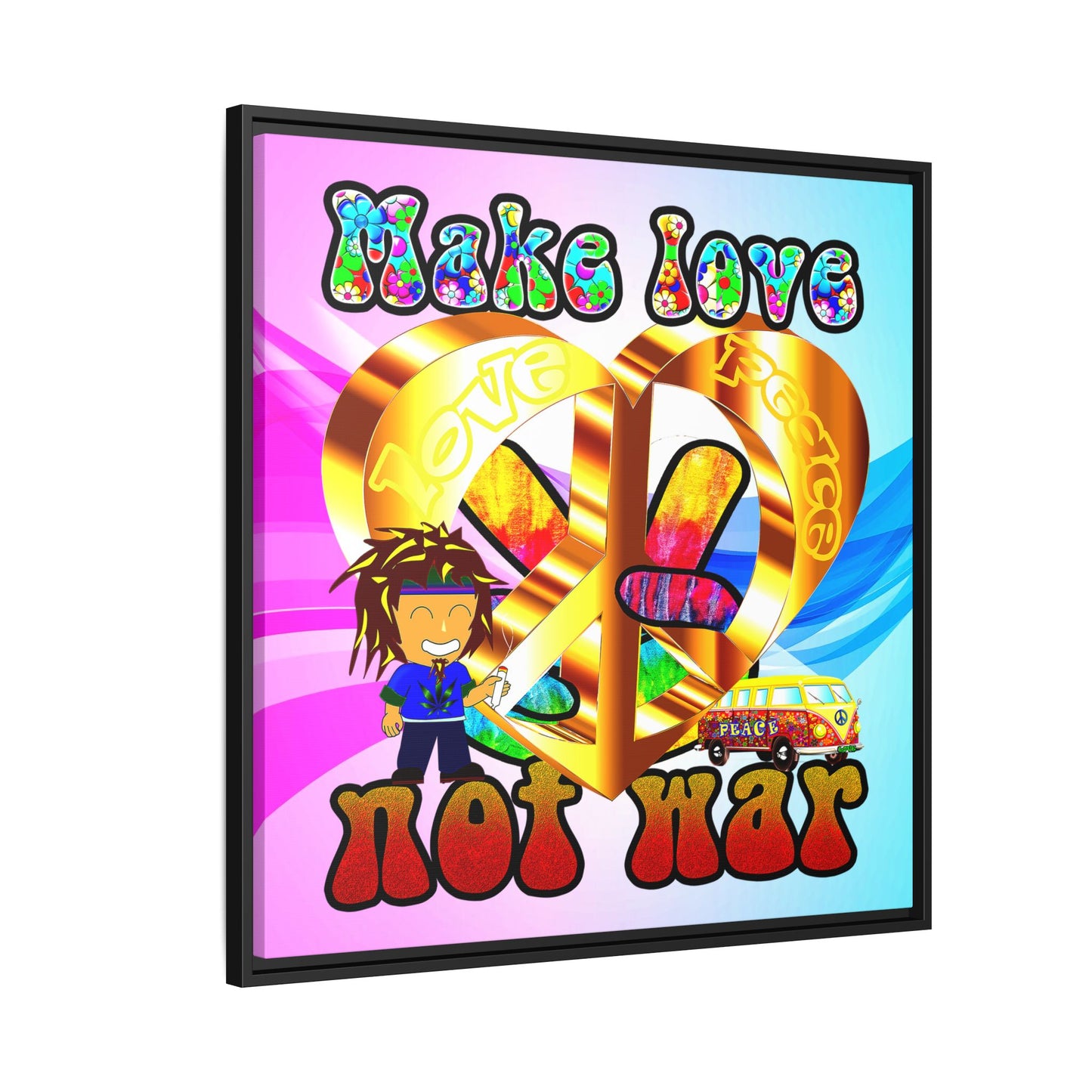 love peace - framed canvas art (light blue-pink wave)